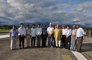 The Governor of Arunachal Pradesh Shri P.B. Acharya at the Tezu Airport, Tezu on 6th August�2017. Also seen: Dr. Mohesh Chai, local MLA & Minister Art & Culture etc.